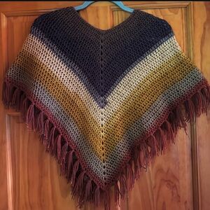 Striped Knit Kids Poncho with Fringe